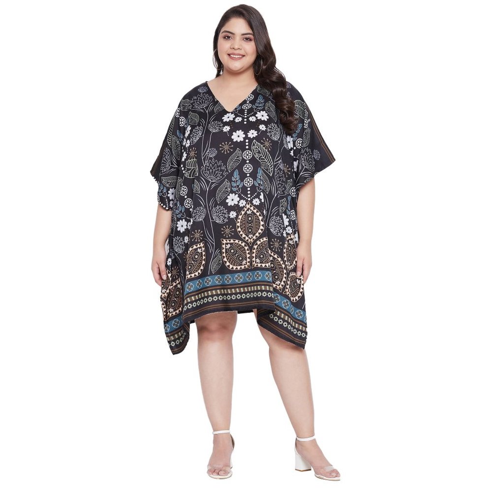 Black Floral Short Kaftan Knee Length Tunic Beach Summer Wear Beach Cover-Up - Picture 2 of 9